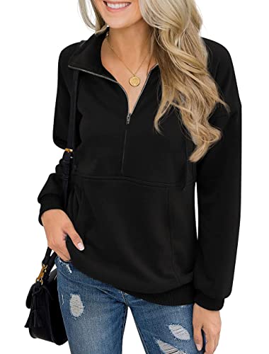 GRECERELLE Women Fashion Long Sleeve Quarter Zip Sweatshirt Drawstring Half Zipper Casual loose Pullover Tops with Pockets Black-Medium