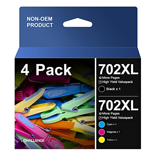 702 702XL 4 Pack Ink Cartridges Replacement for Epson 702 XL 702XL T702XL to use with Workforce Pro WF-3720 WF-3730 WF-3733 Printer New Upgraded Chips (1 Black, 1 Cyan, 1 Magenta, 1 Yellow)