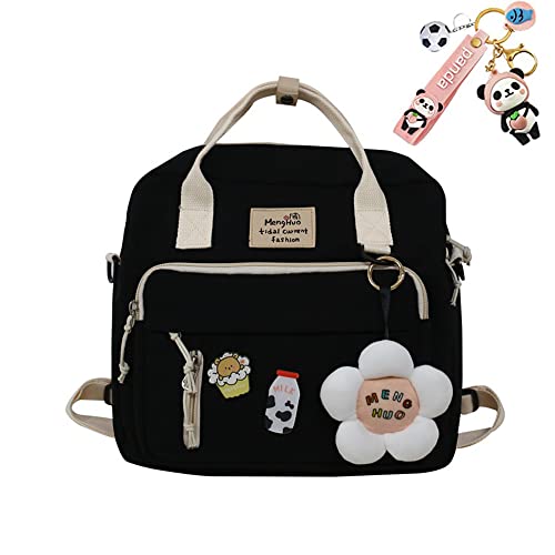 JELLYEA Kawaii Backpack Cute Tote Bag with Flower Accessories Kawaii Pins for Girls School Rucksack (Black)