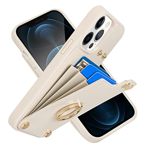 LAMEEKU Wallet Case Compatible with iPhone 12 Pro Max, Leather Case with Card Holder, 360°Rotation Ring Kickstand, RFID Blocking Protective Case Designed for Apple iPhone 12 Pro Max 6.7” Beige