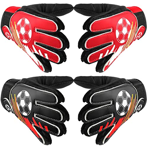 SATINIOR 2 Pairs Goalkeeper Goalie Gloves Kid Football Soccer Gloves Non Slip Latex Goalkeeper Gloves with Protection Gloves Double Wrist Design for Boy and Girl Training (4-8 Years, Black, Red)