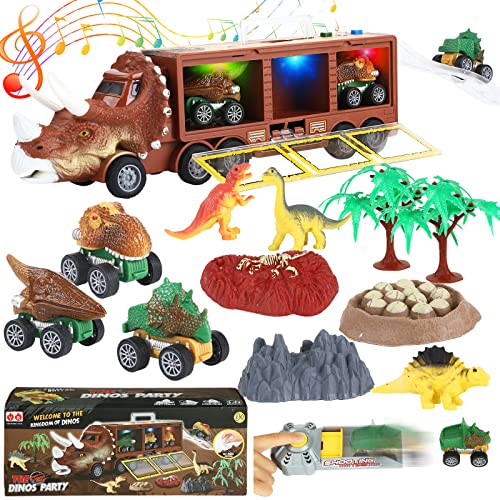 Smadool Dinosaur Toy Truck for Kids, Dinosaur Transport Truck Toy with Sounds Lights Pull Back Car Toys Dinosaur Toys Car for Kids 3-5 with Track Launcher Dinosaur Scene Kids Toys for Boy Girl