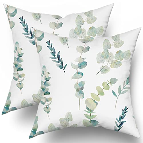 Sage Green Pillow Covers 18X18 Inch Eucalyptus Branches Floral Watercolor Decorative Green Leaf Print Throw Pillow for Home Sofa Cotton Seafoam Blue Green Gray Square Cushion Pillowscase, Set of 2