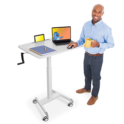 Stand Steady Cruizer™  Extra Large Mobile Podium | 31in Portable Standing Desk | Crank Height Adjustable Computer Cart with Locking Wheels | Rolling Laptop Stand (White / 31in x 23in)
