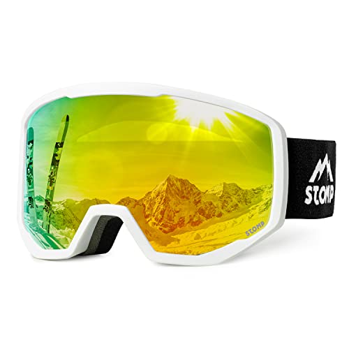 STOMP Ski/Snowboarding Goggles 100% UV400 Protection Replaceable Lens/Straps Goggle for Men, Women & Youth (White Frame/Gold Lens VLT 10%)