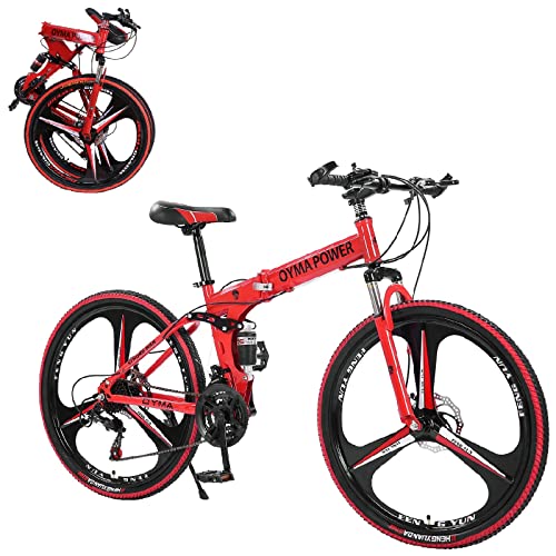 Goodsatar Folding Bike 26in Mountain 21 Speed Shimano Bicycle for Adults | Disc Brake Aluminum Lightweight Road MTB Cycling Women Men【US Spot】, womens bike, red, Small