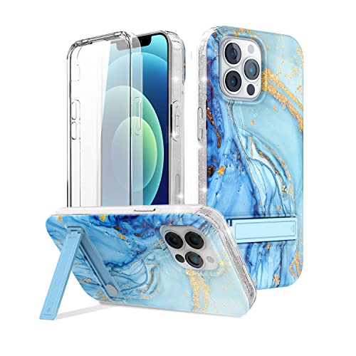 for iPhone 13 Pro Max Case with Stand, Bocosy Marble with Adjustable Metal Kickstand [2-Way Stand] Shockproof Protective Cases with Built-in Screen Protector (Blue/Gold Glitter)