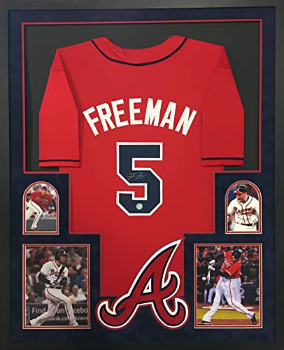 Freddie Freeman Atlanta Braves Autograph Signed Custom Framed Jersey Red Suede Matted 4 Picture Lojo Sports Certified