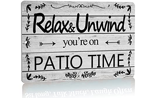 Saraheve Patio Wall Decor Vintage Aluminum Metal Sign, Hanging Plaque Sign for Home, Bar, Pub, Porch, Outdoor Living, 10×5 Inches – Relax Unwind You’re on Patio Time