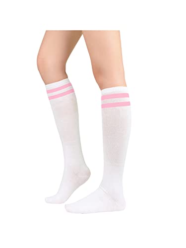 Century Star Women’s Athletic Knee High Socks Thin Stripes Tube Socks High Stockings Outdoor Sport Socks 1 Pack White Pink One Size