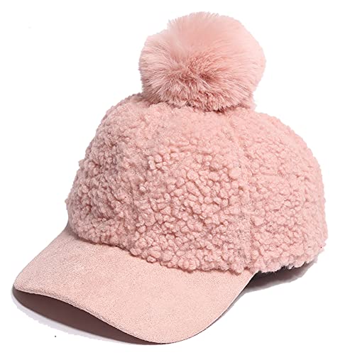KEKY Unisex Warm Corduroy Faux Fur Baseball Caps Adjustable Casual Fleece Sun Hats for Women Men Girls Sports Fishing (Pink Hat with Pom), One Size