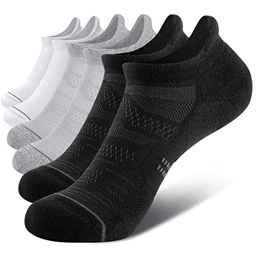 CS CELERSPORT 6 Pack Women’s Ankle Running Socks Cushioned Low Cut Tab Athletic Socks, White+Black+Grey, Small
