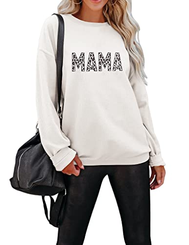 Women’s Mama Letter Print Long Sleeve Sweatshirts Fall Crew Neck Leopard Pullover Tops Drop Shoulder Shirts White Small