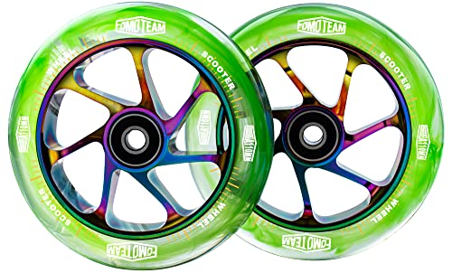 fomo team Pro Stunt Scooter Wheels 110mm24mm Watercolor Effect with ABEC-9 Bearings Installed 2-Pack Scooter Replacement Wheels (Green PU Rainbow Core)