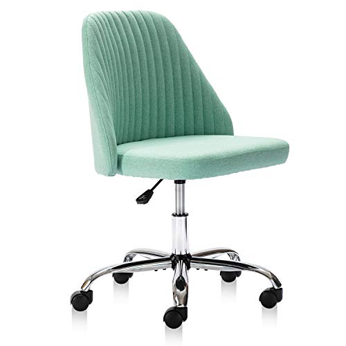 HOMEFLA Home Office Desk Chair, Modern Linen Fabric Chair Adjustable Swivel Task Chair Mid-Back Cute Upholstered Armless Computer Chair with Wheels for Bedroom Studying Room Vanity Room (Green)