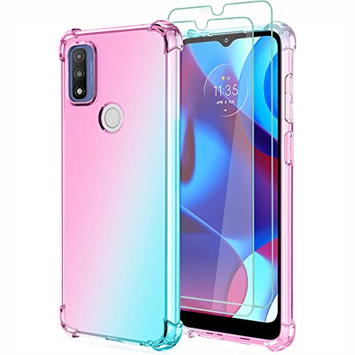 Osophter for Moto G Pure Case Clear with Screen Protector Transparent Reinforced Corners TPU Shock-Absorption Flexible Cell Phone Cover for Motorola Moto G Pure(Pink Teal)