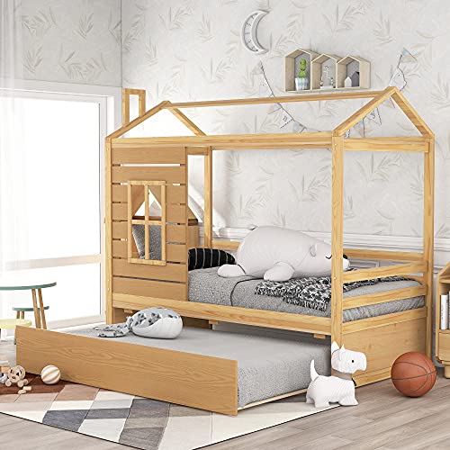 MERITLINE Kids House Bed with Trundle, Wood Twin Size Daybed Frame with Guardrail, Window, Roof, Guardrail for Girls, Boys (Natural)