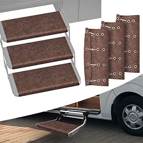 RISTOW RV Step Covers 3 Pack 22 Inch RV Step Rug with Install Hooks Fit 8-11″ Camper Step Cover RV Stair Covers Ideal for Wide Radius Steps – Brown