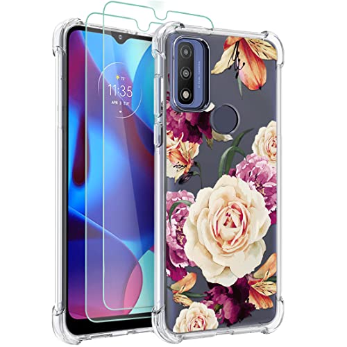Osophter for Moto G Pure Case with Screen Protector Flower Floral for Girls Women Shock-Absorption Flexible TPU Rubber Phone Cover for Motorola Moto G Pure Case(Purple Flower)