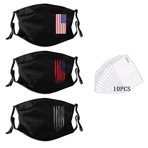 American Flag Face Mask – Adults Patriotic Face Masks Reusable Washable Adjustable Face Bandanas For Women And Men(3Pcs + 10Filters)