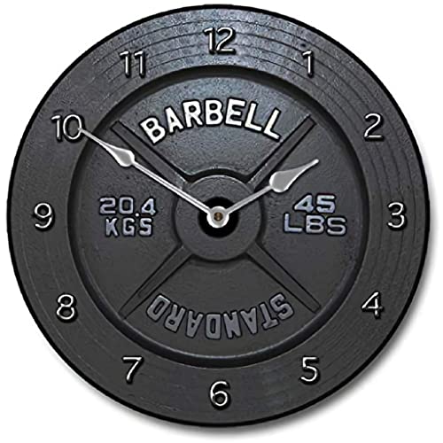 Barbell Design Black Rustic Wooden Clock Vintage Decor Round Wall Clock Gym Sport Silent Non-Ticking Battery Operated Clock for Kitchen Home Bedroom Living Room Office School Gift