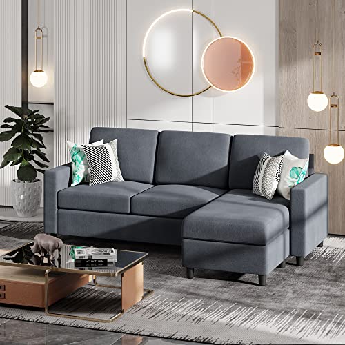 JY QAQA Convertible Sectional Sofa Couch with Chaise Modern Linen Fabric,78” L-Shaped Couch 4-Seat Wide Reversible Chaise for Small Space(Dark Grey)
