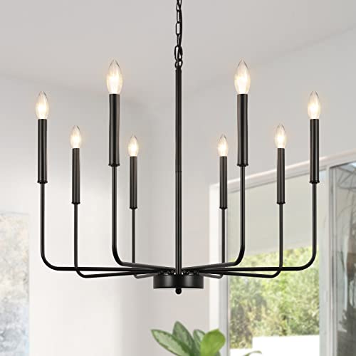 TMMAYSUN 8-Light Matte Black Chandelier with Adjustable Height, Classic Candle Ceiling Hanging Light Fixtures, 26in Industrial Rustic Chandeliers for Dining Room Living Room Kitchen Island Bedroom