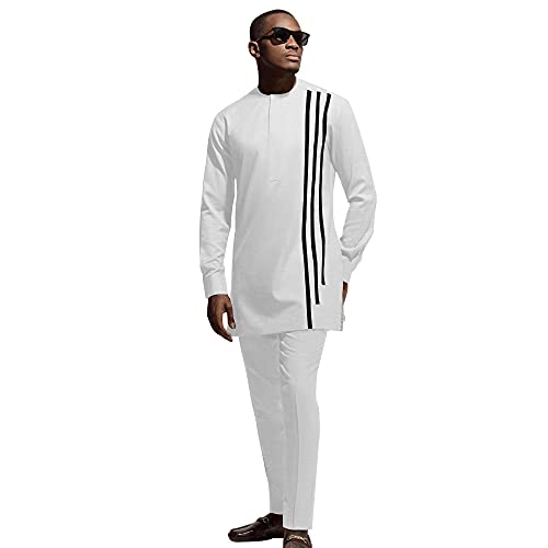 African Men‘s Party Suit two Pieces Set Dashiki Shirt Pant Tracksuit Long Sleeve Outfit White M
