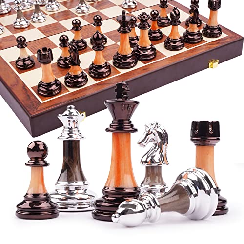 15″ Metal Chess Sets for Adults Kids with Zinc Alloy + Acrylic Chess Pieces & Portable Folding Wooden Chess Board Travel Chess Set Board Game Gift – Metal Staunton Chess Pieces, & Storage Box