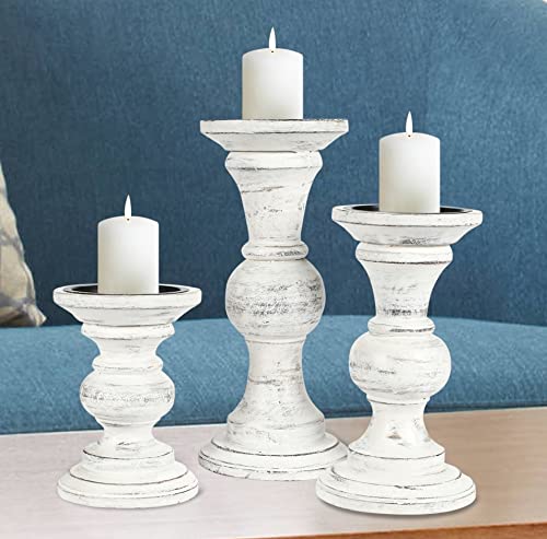 Candle Stands Wooden For Pillar Candles,Rounded turned Colums, Sustainable woods, Country style, Idle for Reiki, Aromatherapy, Votive Candle Gardens home décor – 10,8,6 Inch set of 3 – Antique White