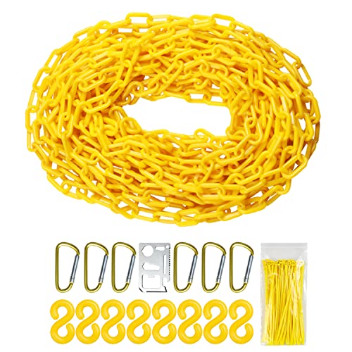 Yellow Plastic Chain – 32 50 65 Feet Plastic Safety Barrier Chain for Crowd Control, Parking Barrier and Delineator Post with Base – Safety Security Chain with Accessories