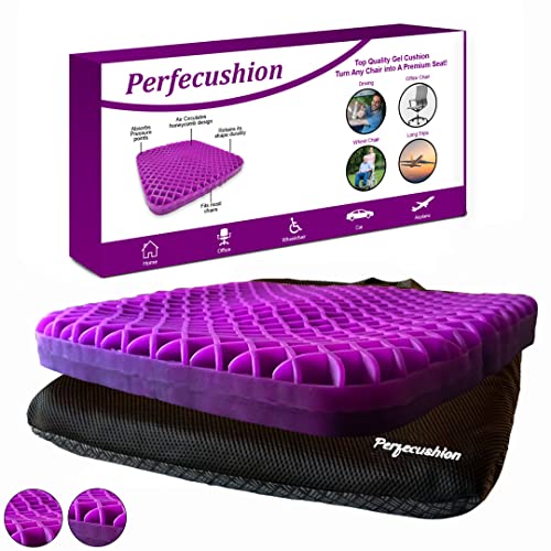 Perfecushion Gel Seat Cushion for Long Sitting Designed for Coccyx Tailbone Pain & Pressure Relief, Double Thick Honeycomb with Non-Slip Breathable Cover for Car, Office & Wheelchair
