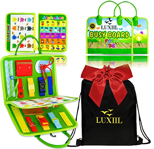 LUXIIL Busy Board Montessori Toys for Toddlers 3in1 Gifts for 1 2 3 4 5 Year Old Boys & Girls, Preschool Sensory Activity Boards Travel Boards Learning Basic Dress Skills Toys for Plane & Car (Green)