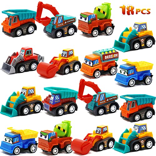 SCKTYZS 18 Piece Pull Back Car and Small Trucks Toy Set,Mini Inertia Car Construction Vehicle for Boys Girls Kids Toddler Birthday Gifts Party Favors