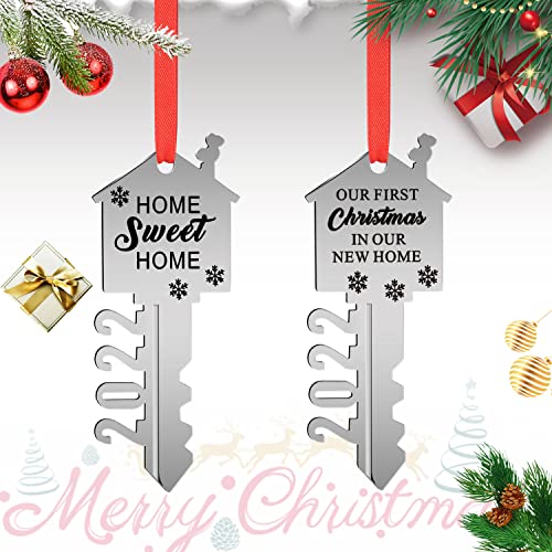 2022 New Home Christmas Ornament 2 Pieces Our First Christmas in Our New Home Ornament Stainless Steel Key Shape Home Sweet Home Hanging Ornament Housewarming Gift for Xmas Tree Decoration