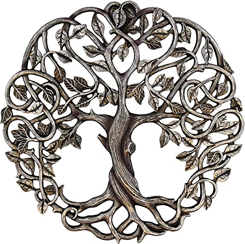 Top Brass Tree of Life Wall Plaque 11 5/8 Inches Decorative Celtic Garden Art Sculpture – Antique Silver Finish