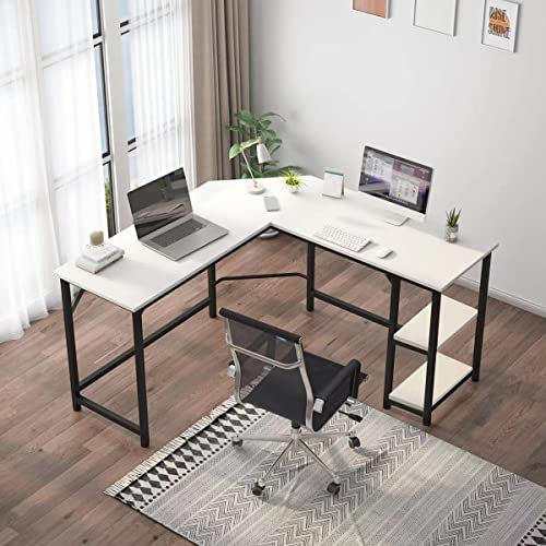 XKZG Computer Desk 54 Inch L Shaped Corner Desk for Home Office Writing Study Workstation Industrial Style PC Laptop Table Gaming Desk Save Space Easy Assembly (White, 54.3″ × 54.3″)