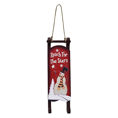 Wooden Christmas Sign Hanging Sleigh Decorative Snowman Ornaments Wood Sled Winter Holiday Merry Xmas Red Porch Home Decor Wall Front Door Decoration (Reach for the Stars)