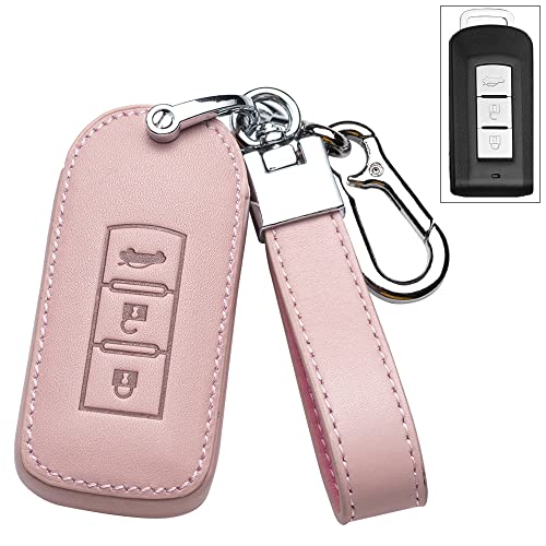 SANRILY 3-Button Leather Key Fob Cover for Mitsubishi Outlander ASX Lancer Evo X GTS EX Keyless Entry Remote Keychain Holder Full Protection Key Fob Case Shell Pink
