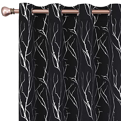 SMWDECOR Black Blackout Curtains 84 Inch Lengt Long for Living Room,Room Darkening Curtains with Silver Print Tree Branch,Grommet Thermal Insulated Window Treatment Drapes for Bedroom 2 Panels Set