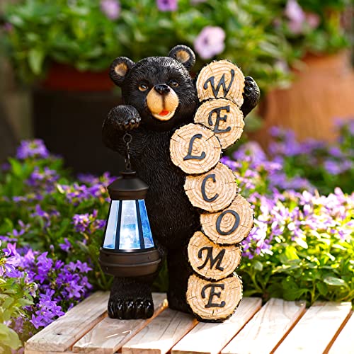 Qeeman Large Black Bear Home Decor,Welcome Bear Statue with Solar Lantern Light for Home,Outdoor,Garden,Patio and Yard Decor,Best Gifts for Garden Home