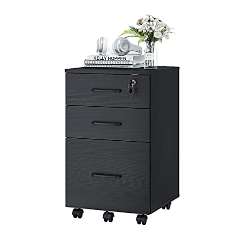 Panana 3 Drawer Wood Mobile File Cabinet, Under Desk Storage Drawers Small File Cabinet for Home Office (Black)