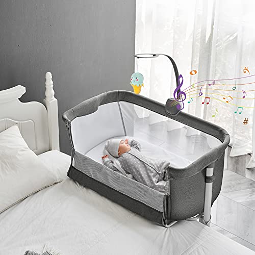 Yacul Baby Bassinet Bedside Sleeper, with Music Box, Easy to Assemble Bed to Bed, Adjustable Portable Crib for Infants Baby Boys and Girls (Dark Gray)