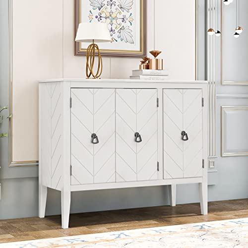 Accent Wooden Storage Sideboard Cabinet, Modern Console Table with Adjustable Shelf and 3 Antique Doors, Kitchen Entryway Buffet Cabinet for Hallway, Living Room, Bedroom, Easy Assembly (White)
