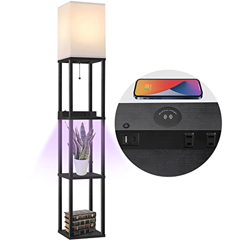 Floor Lamp with Shelves for Living Room, Shelf Floor Lamp with LED Grow Light, Wireless Charging Station, USB Port and AC Outlet, Modern Standing Light Column Floor Lamp Tower Nightstand for Bedroom
