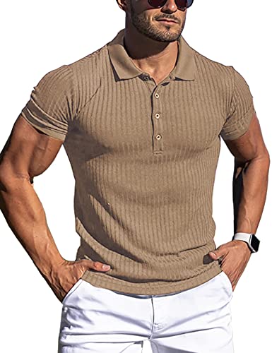 URRU Men’s Muscle T Shirts Stretch Short Sleeve Workout Tee Casual Slim Fit Polo Shirt Khaki M