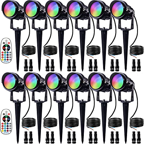 SUNVIE RGB Low Voltage Landscape Lights Color Changing 12W LED Landscape Lighting Outdoor Waterproof Spotlight Remote Control for Garden Pathway Christmas Decorative Lighting, 12 Pack with Connector
