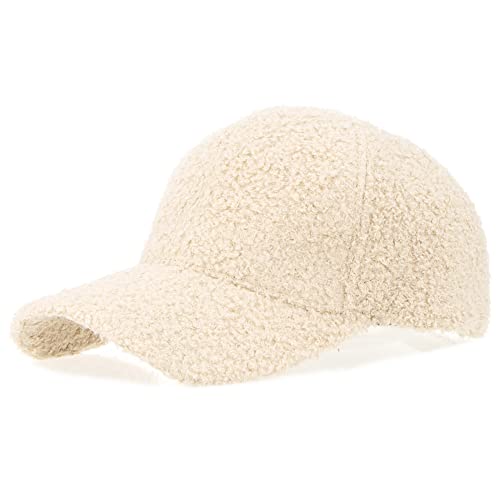 FGSS Women Lamb-Wool Baseball-Cap Winter-Warm-Fleece Adjustable Dad Hat for Travel Off-White