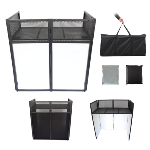 Sardoxx DJ Booth DJ Facade Adjustable Height DJ Event Booth Foldable Cover Screen Metal Frame Booth + Built in Flat Table w/Travel Bag Black White Scrims