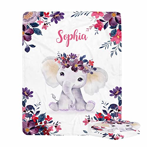 UOZGUY Personalized Elephant Baby Blanket for Baby Girl, Personalized Newborn Girl Gifts with Name, Newborn Baby Girls Blankets Custom, Elephant Baby Name Blanket, 30″x40″